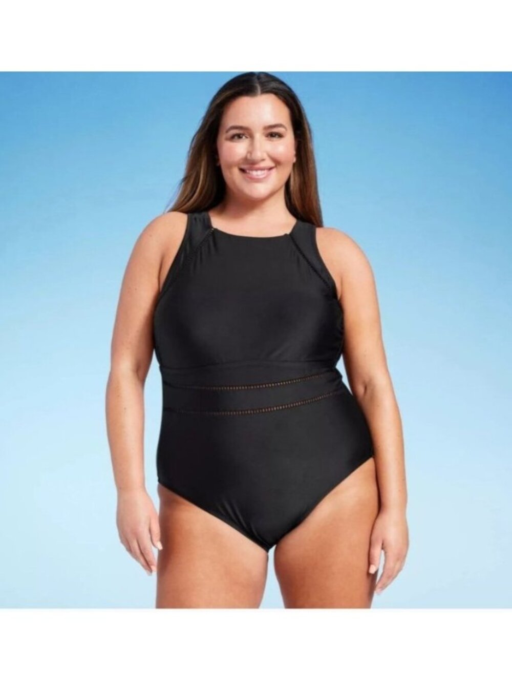 WOMEN’S HIGH NECK MEDIUM COVERAGE ONE PIECE SWIMSUIT  SHADE & SHORE BLACK 22